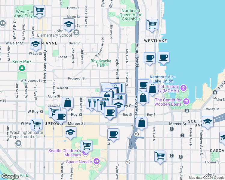 map of restaurants, bars, coffee shops, grocery stores, and more near 1000 5th Avenue North in Seattle