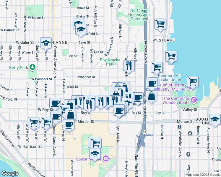 map of restaurants, bars, coffee shops, grocery stores, and more near 60 4th Avenue North in Seattle