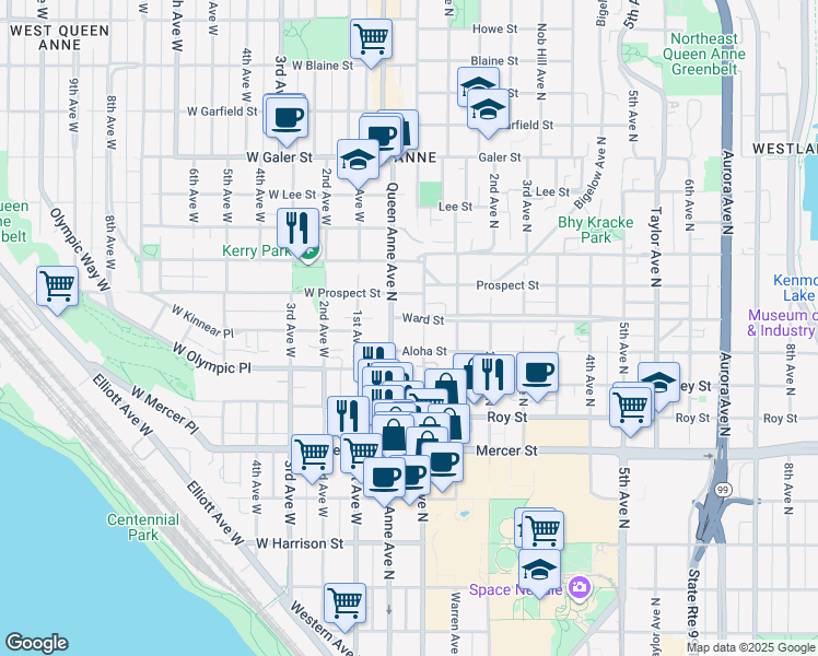 map of restaurants, bars, coffee shops, grocery stores, and more near in Seattle