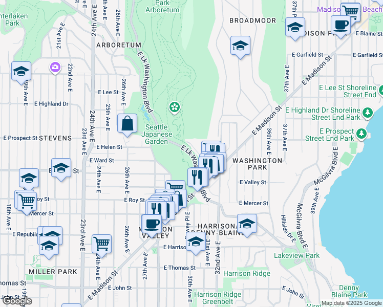 map of restaurants, bars, coffee shops, grocery stores, and more near Lake Washington Boulevard East in Seattle