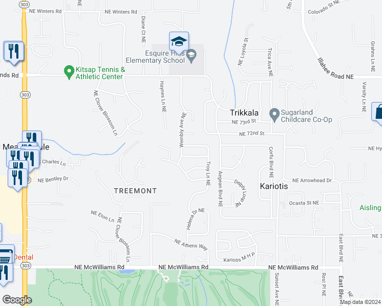 map of restaurants, bars, coffee shops, grocery stores, and more near 3414 Northeast Westchester Street in Bremerton