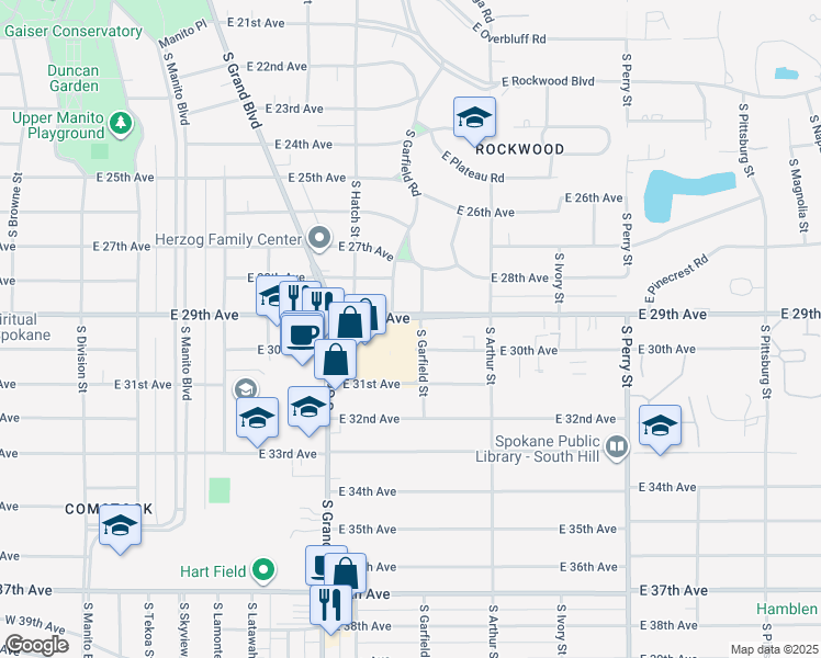 map of restaurants, bars, coffee shops, grocery stores, and more near 820 East 29th Avenue in Spokane