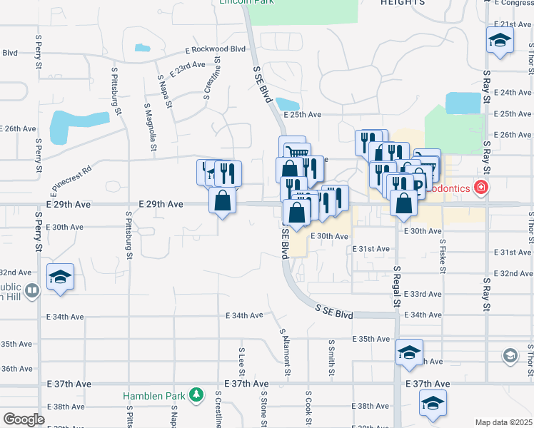 map of restaurants, bars, coffee shops, grocery stores, and more near 2410 East 29th Avenue in Spokane