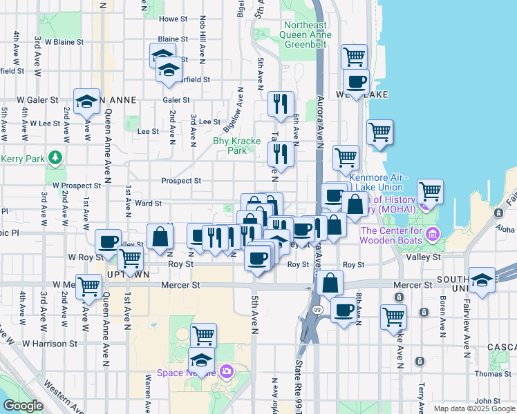 map of restaurants, bars, coffee shops, grocery stores, and more near 920 5th Avenue North in Seattle