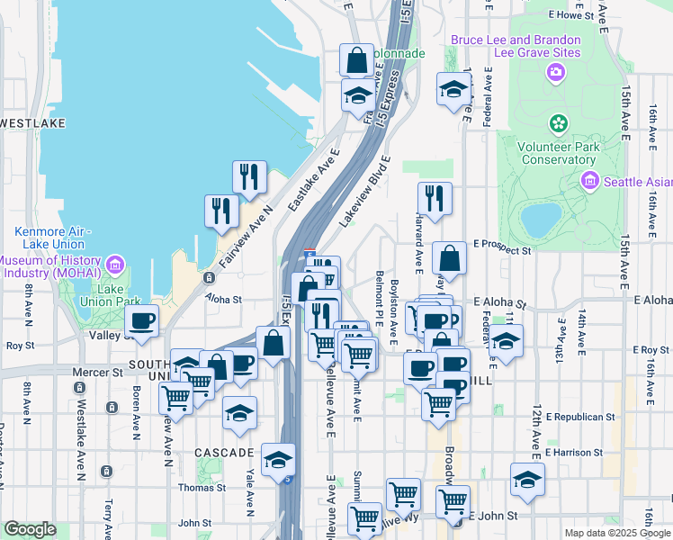 map of restaurants, bars, coffee shops, grocery stores, and more near 1022 Belmont Avenue East in Seattle