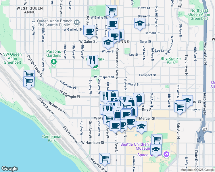 map of restaurants, bars, coffee shops, grocery stores, and more near 1001 1st Avenue West in Seattle