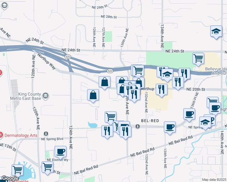 map of restaurants, bars, coffee shops, grocery stores, and more near 12863 Northup Way in Bellevue