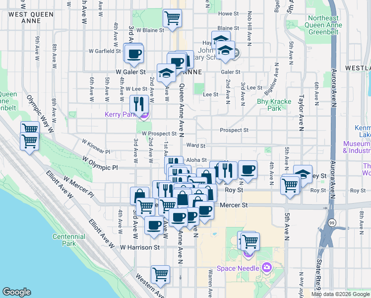 map of restaurants, bars, coffee shops, grocery stores, and more near 1 Ward Street in Seattle