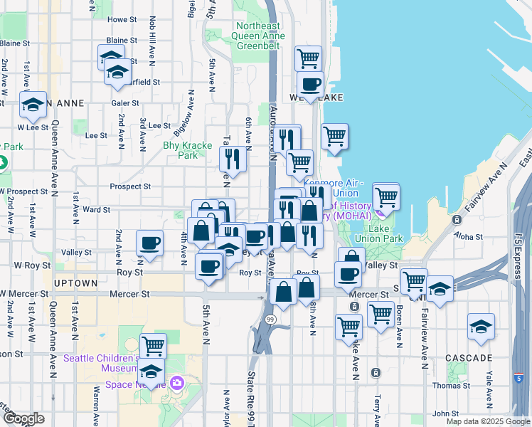 map of restaurants, bars, coffee shops, grocery stores, and more near 610 Ward Street in Seattle