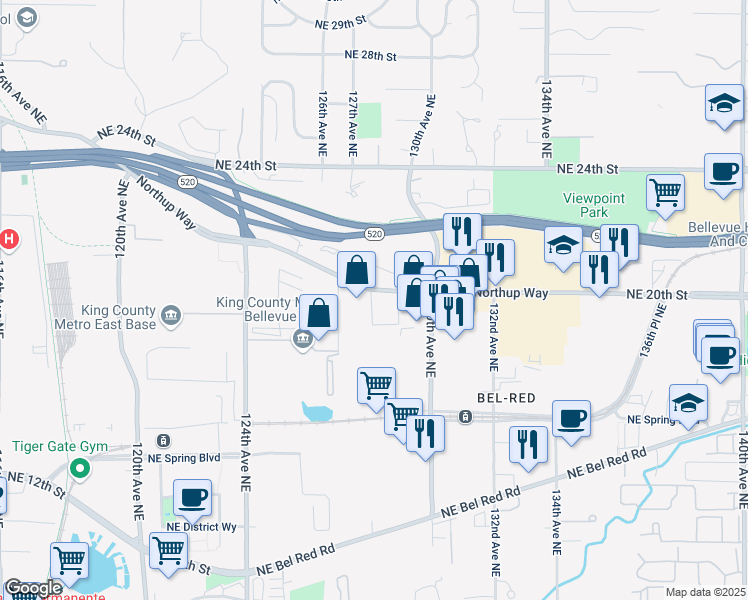 map of restaurants, bars, coffee shops, grocery stores, and more near 12863 Northup Way in Bellevue