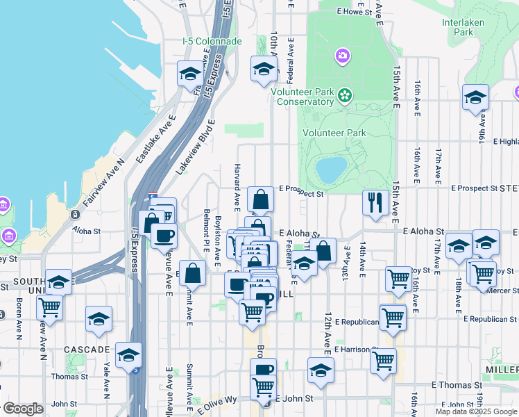 map of restaurants, bars, coffee shops, grocery stores, and more near 930 Broadway East in Seattle