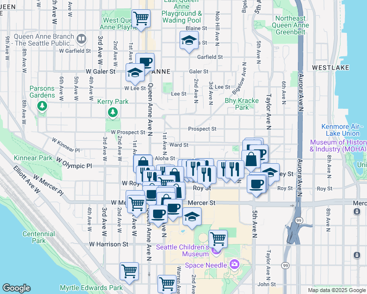 map of restaurants, bars, coffee shops, grocery stores, and more near 153 Ward Street in Seattle