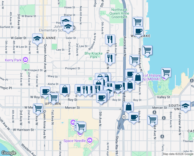 map of restaurants, bars, coffee shops, grocery stores, and more near 417 Ward Street in Seattle
