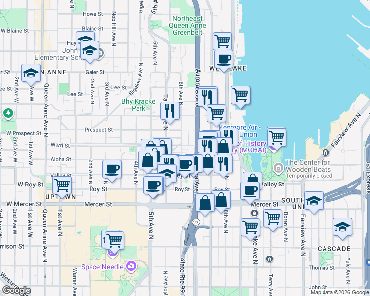 map of restaurants, bars, coffee shops, grocery stores, and more near 920 6th Avenue North in Seattle