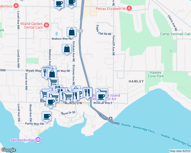 map of restaurants, bars, coffee shops, grocery stores, and more near 467 Cave Avenue Northeast in Bainbridge Island