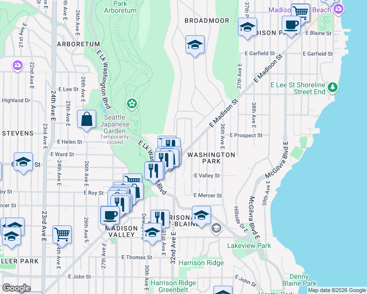 map of restaurants, bars, coffee shops, grocery stores, and more near 3216 East Madison Street in Seattle