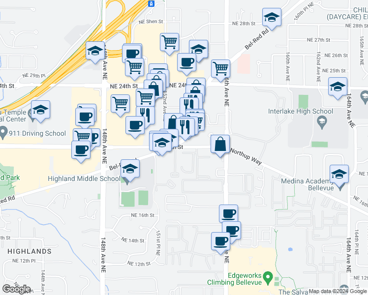 map of restaurants, bars, coffee shops, grocery stores, and more near 15238 Bel-Red Road in Bellevue