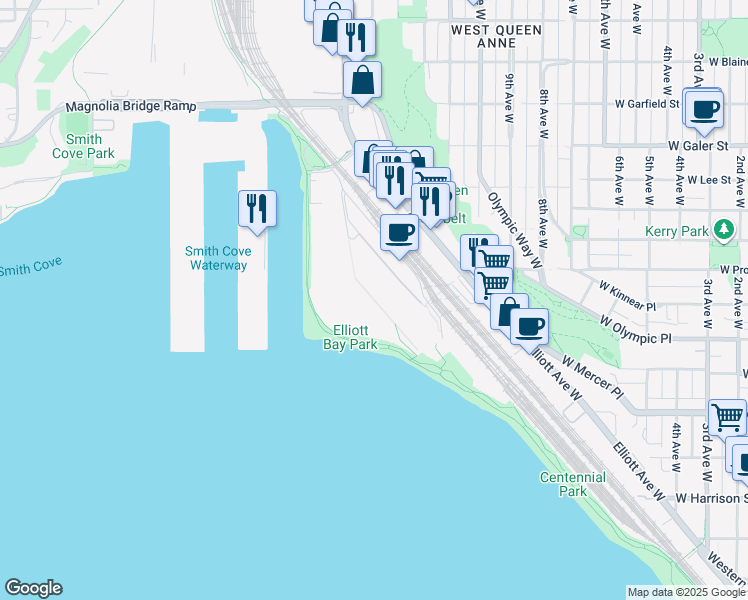 map of restaurants, bars, coffee shops, grocery stores, and more near Amgen Way in Seattle