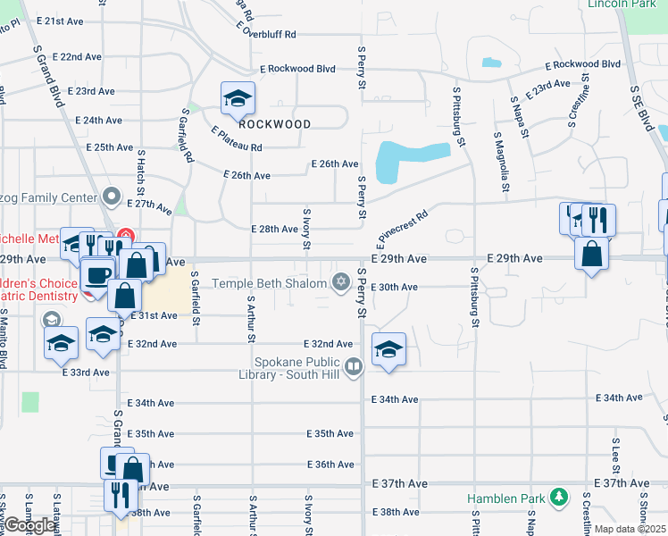 map of restaurants, bars, coffee shops, grocery stores, and more near 1308 East 29th Avenue in Spokane