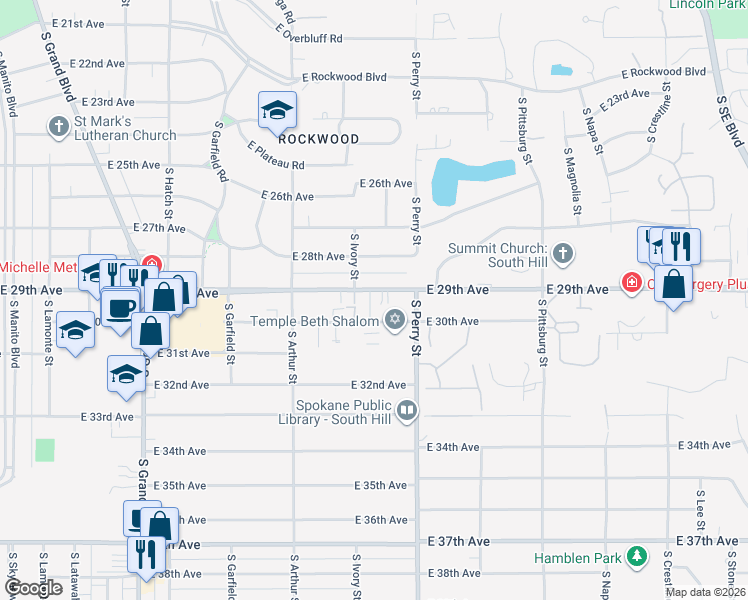 map of restaurants, bars, coffee shops, grocery stores, and more near 1308 East 29th Avenue in Spokane