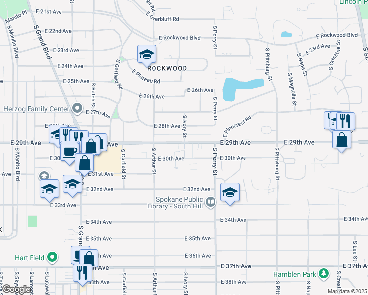 map of restaurants, bars, coffee shops, grocery stores, and more near 1202 East 29th Avenue in Spokane
