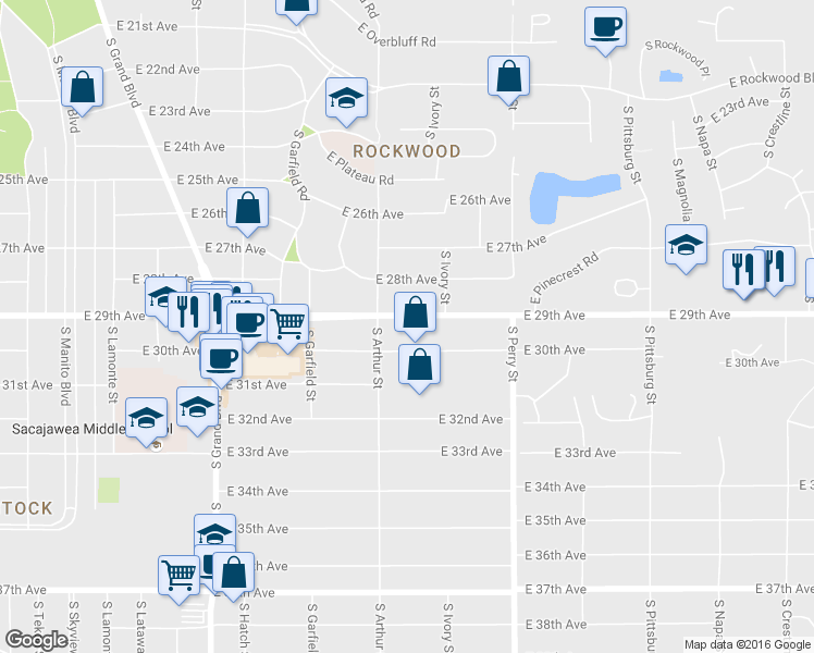 map of restaurants, bars, coffee shops, grocery stores, and more near 1018 East 29th Avenue in Spokane