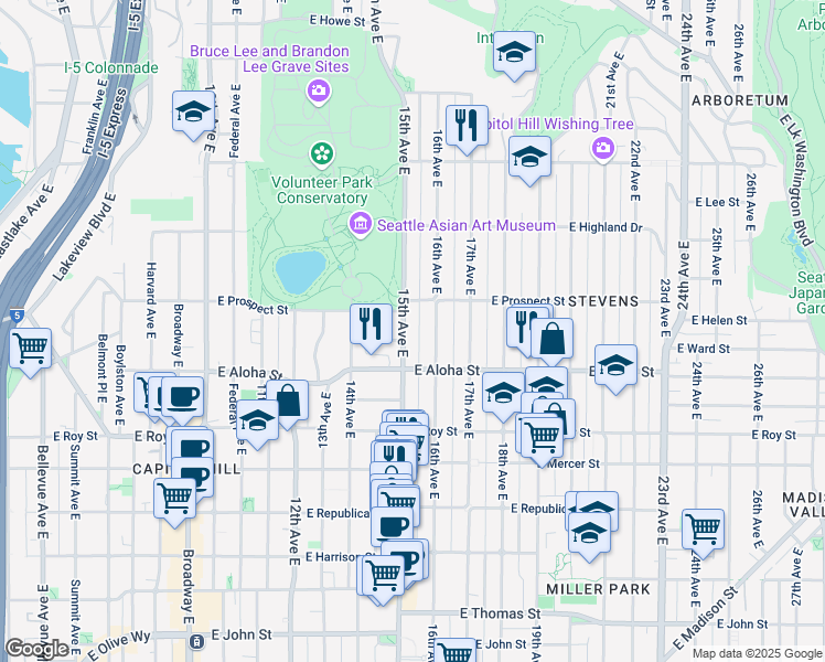 map of restaurants, bars, coffee shops, grocery stores, and more near 939 16th Avenue East in Seattle