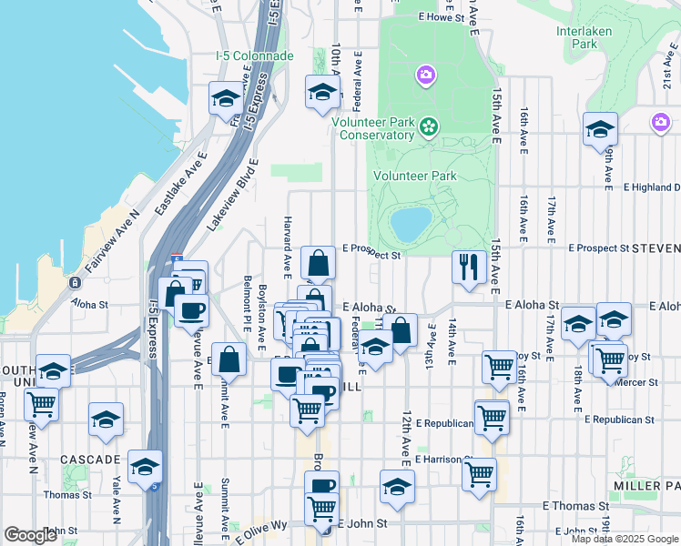map of restaurants, bars, coffee shops, grocery stores, and more near 921 10th Avenue East in Seattle
