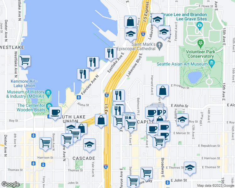 map of restaurants, bars, coffee shops, grocery stores, and more near 1022 Belmont Avenue East in Seattle