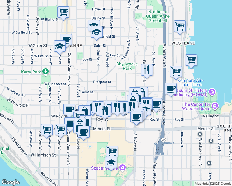map of restaurants, bars, coffee shops, grocery stores, and more near 323 Ward Street in Seattle