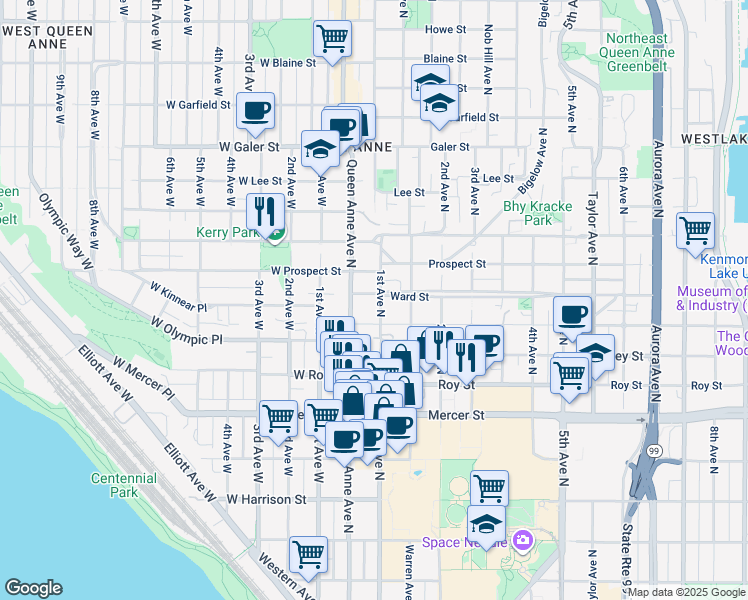 map of restaurants, bars, coffee shops, grocery stores, and more near 105 Ward Street in Seattle