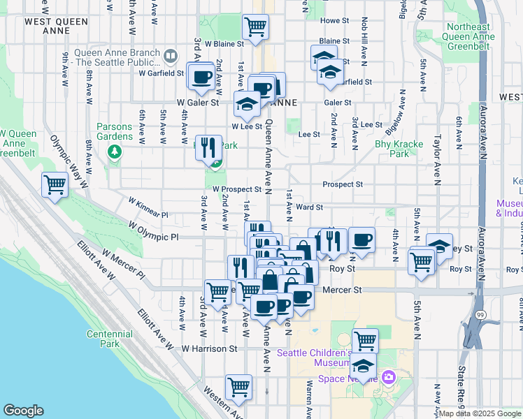 map of restaurants, bars, coffee shops, grocery stores, and more near in Seattle