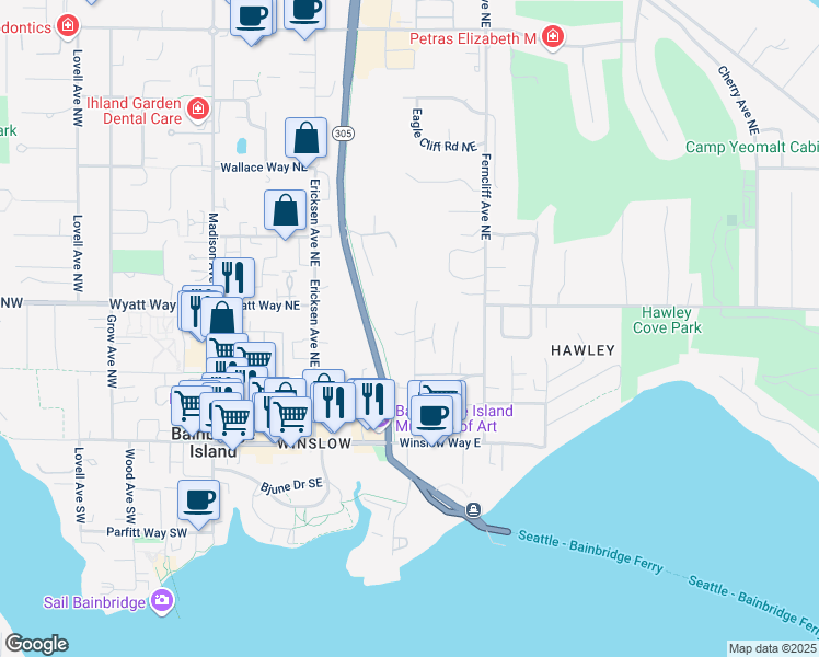 map of restaurants, bars, coffee shops, grocery stores, and more near 467 Cave Avenue Northeast in Bainbridge Island