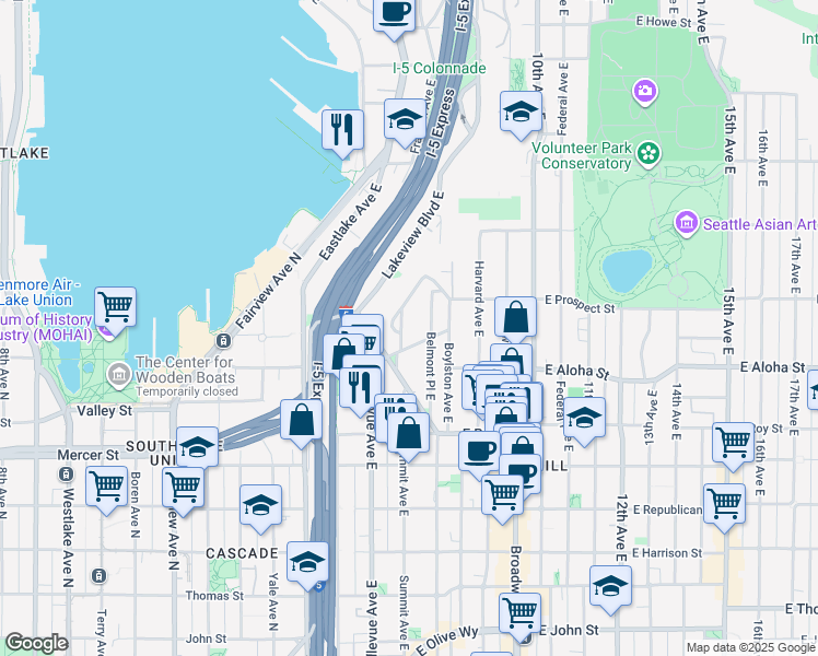 map of restaurants, bars, coffee shops, grocery stores, and more near 1018 Summit Avenue East in Seattle