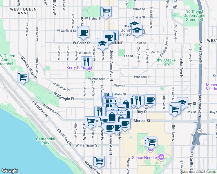 map of restaurants, bars, coffee shops, grocery stores, and more near in Seattle