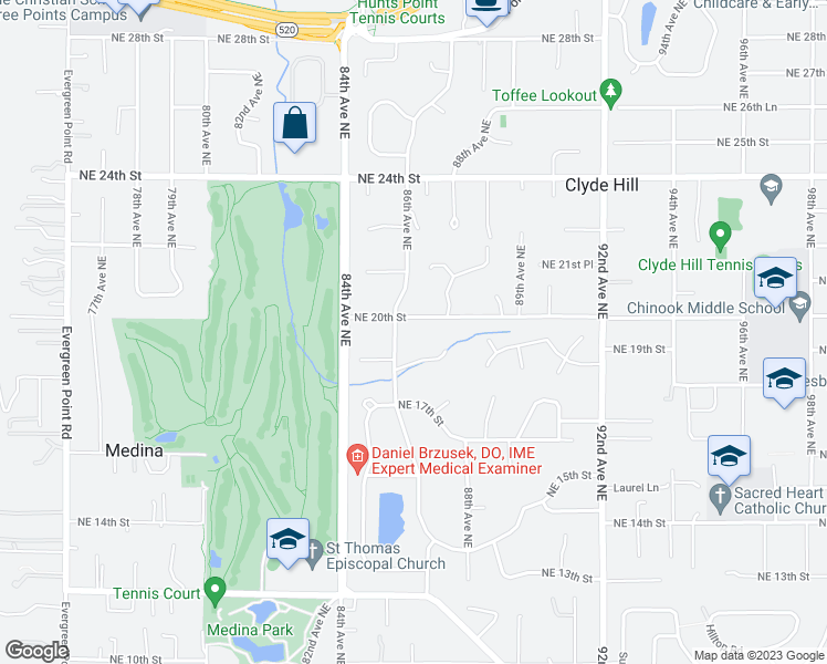 map of restaurants, bars, coffee shops, grocery stores, and more near 8617 Northeast 20th Street in Clyde Hill