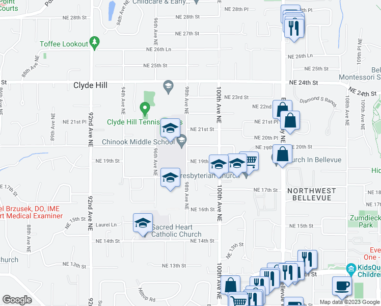 map of restaurants, bars, coffee shops, grocery stores, and more near 2014 98th Avenue Northeast in Bellevue
