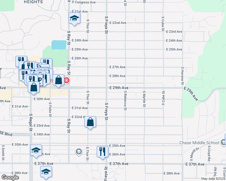 map of restaurants, bars, coffee shops, grocery stores, and more near 3622 East 29th Avenue in Spokane