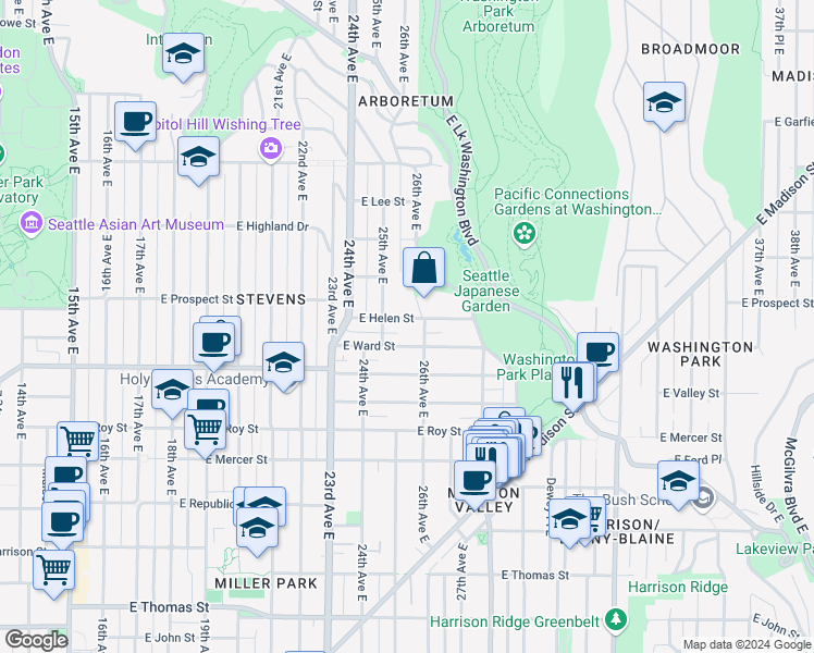 map of restaurants, bars, coffee shops, grocery stores, and more near 2521 East Helen Street in Seattle