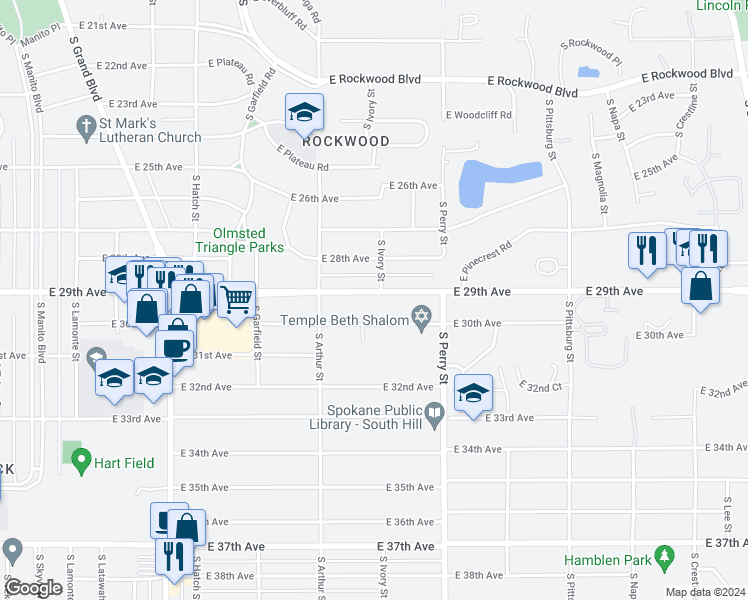 map of restaurants, bars, coffee shops, grocery stores, and more near 1128 East 29th Avenue in Spokane