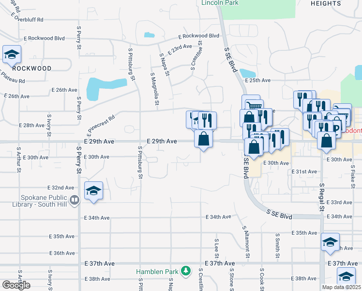 map of restaurants, bars, coffee shops, grocery stores, and more near 2020 East 29th Avenue in Spokane