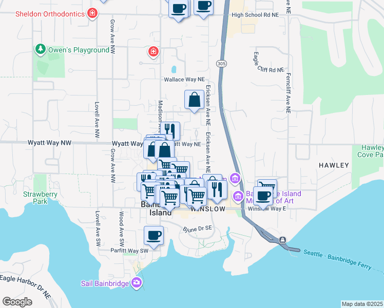 map of restaurants, bars, coffee shops, grocery stores, and more near 508 Madrona Way Northeast in Bainbridge Island