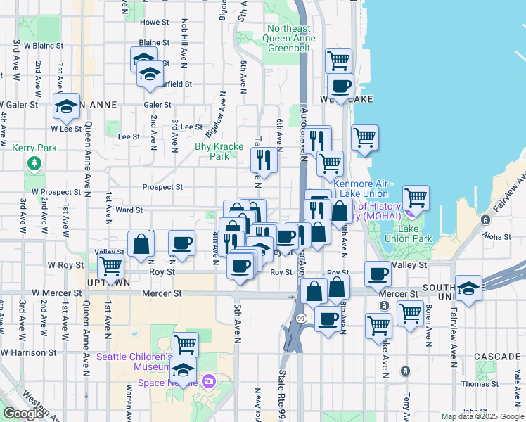map of restaurants, bars, coffee shops, grocery stores, and more near 553 Ward Street in Seattle