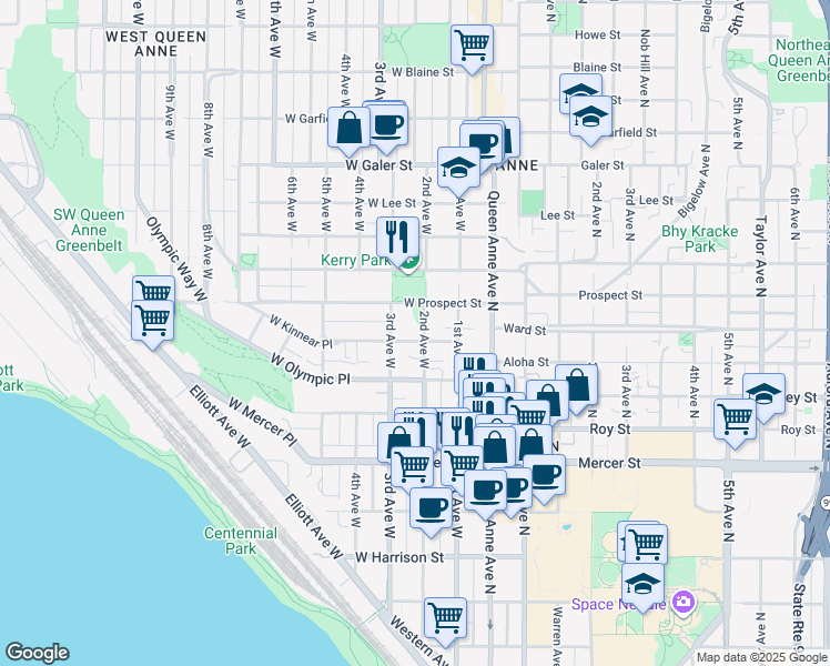 map of restaurants, bars, coffee shops, grocery stores, and more near 1001 2nd Avenue West in Seattle