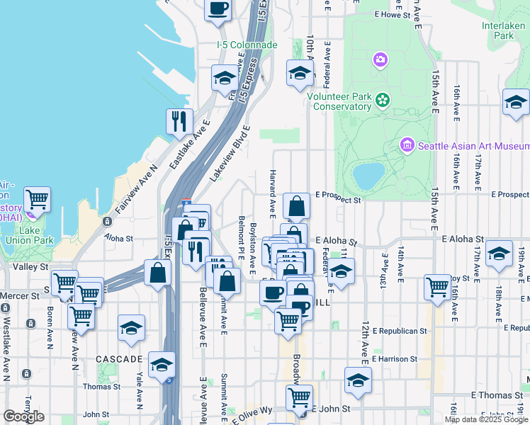 map of restaurants, bars, coffee shops, grocery stores, and more near 1002 Boylston Avenue East in Seattle