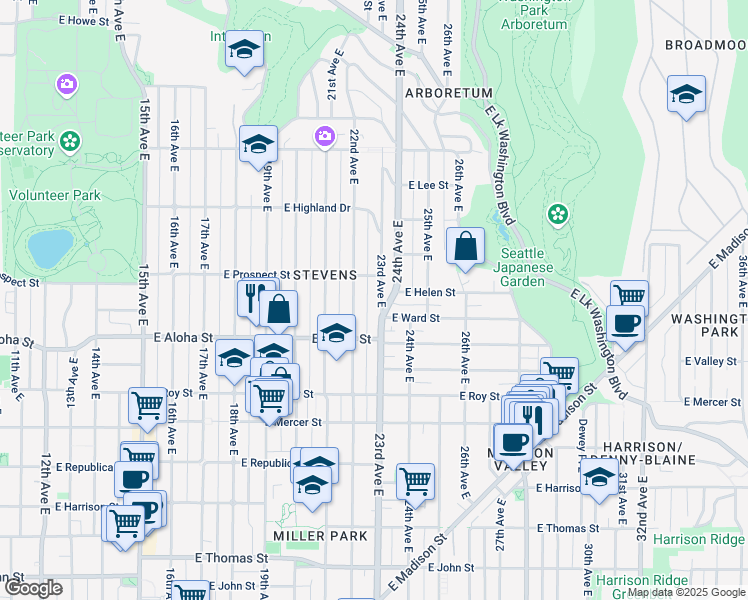 map of restaurants, bars, coffee shops, grocery stores, and more near 1017 23rd Avenue East in Seattle