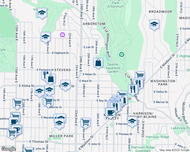 map of restaurants, bars, coffee shops, grocery stores, and more near 2525 East Helen Street in Seattle