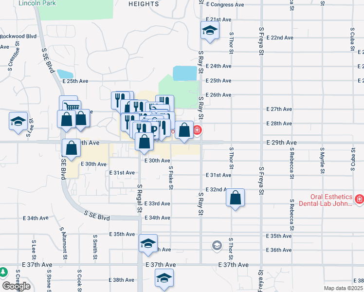 map of restaurants, bars, coffee shops, grocery stores, and more near 3128 East 29th Avenue in Spokane
