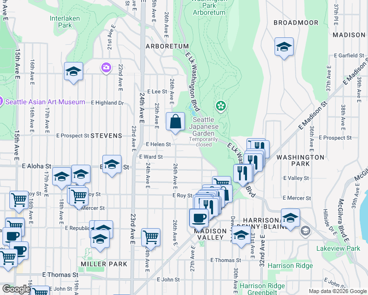 map of restaurants, bars, coffee shops, grocery stores, and more near 2613 East Helen Street in Seattle
