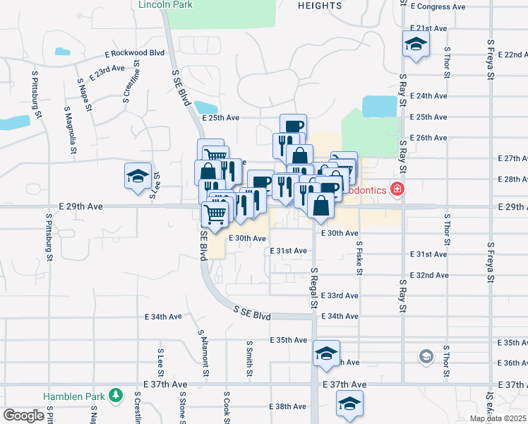 map of restaurants, bars, coffee shops, grocery stores, and more near 2648 East 29th Avenue in Spokane